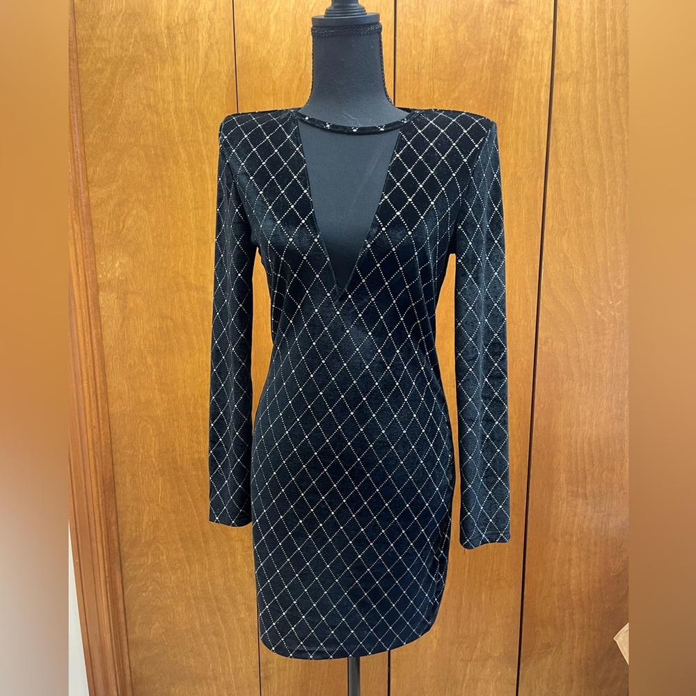 SHEIN Black Silver Long Sleeve Plunge Bodycon Dress